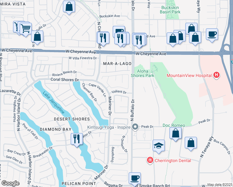 map of restaurants, bars, coffee shops, grocery stores, and more near 7640 Botany Bay Drive in Las Vegas