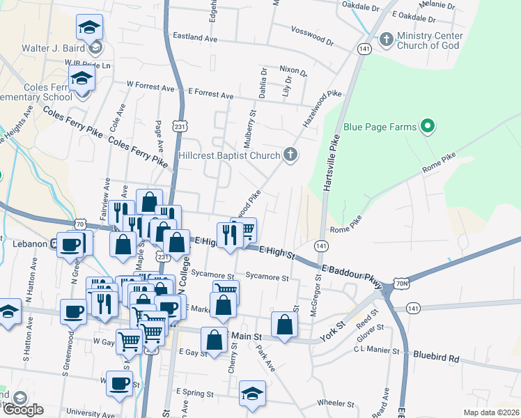 map of restaurants, bars, coffee shops, grocery stores, and more near 609 Hartsville Pike in Lebanon