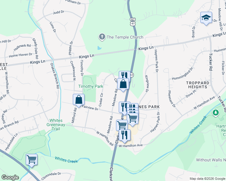 map of restaurants, bars, coffee shops, grocery stores, and more near 4030 Cedar Circle in Nashville