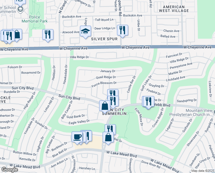 map of restaurants, bars, coffee shops, grocery stores, and more near 9400 Yucca Blossom Drive in Las Vegas