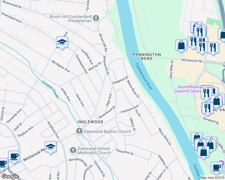 map of restaurants, bars, coffee shops, grocery stores, and more near 2400 Claypool Street in Nashville