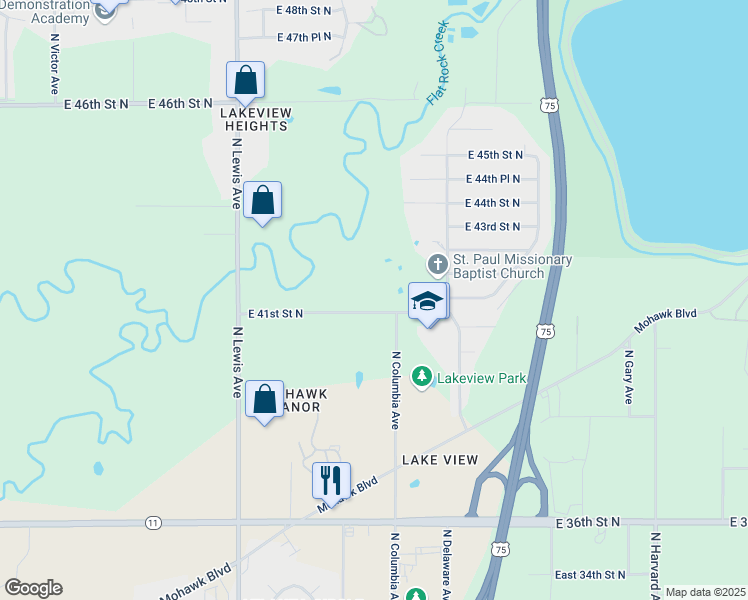 map of restaurants, bars, coffee shops, grocery stores, and more near 2603 East 41st Street North in Tulsa