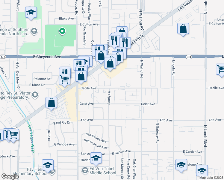 map of restaurants, bars, coffee shops, grocery stores, and more near 3750 Cecile Avenue in Las Vegas