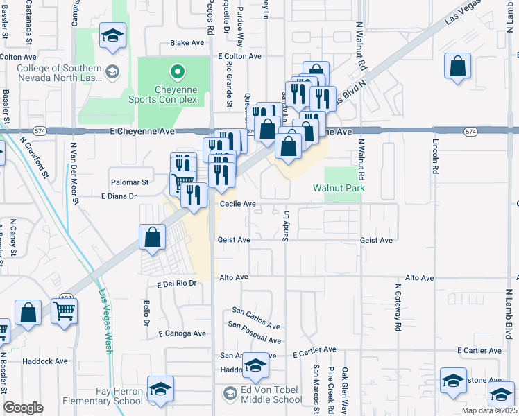 map of restaurants, bars, coffee shops, grocery stores, and more near 3649 Cecile Avenue in Las Vegas