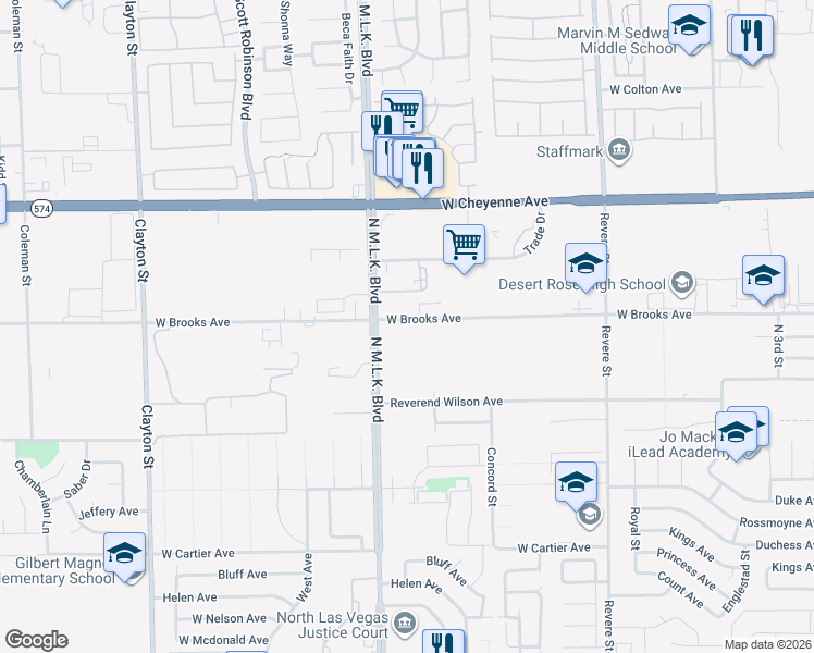 map of restaurants, bars, coffee shops, grocery stores, and more near in North Las Vegas