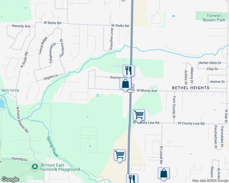 map of restaurants, bars, coffee shops, grocery stores, and more near 1091 West Morris Avenue in Springdale