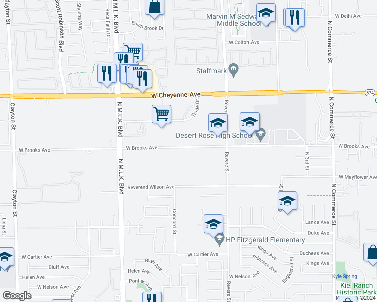 map of restaurants, bars, coffee shops, grocery stores, and more near 2 West Brooks Avenue in North Las Vegas