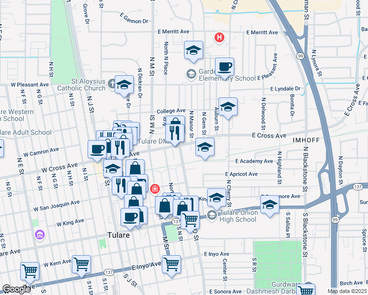 map of restaurants, bars, coffee shops, grocery stores, and more near 476 North O Street in Tulare