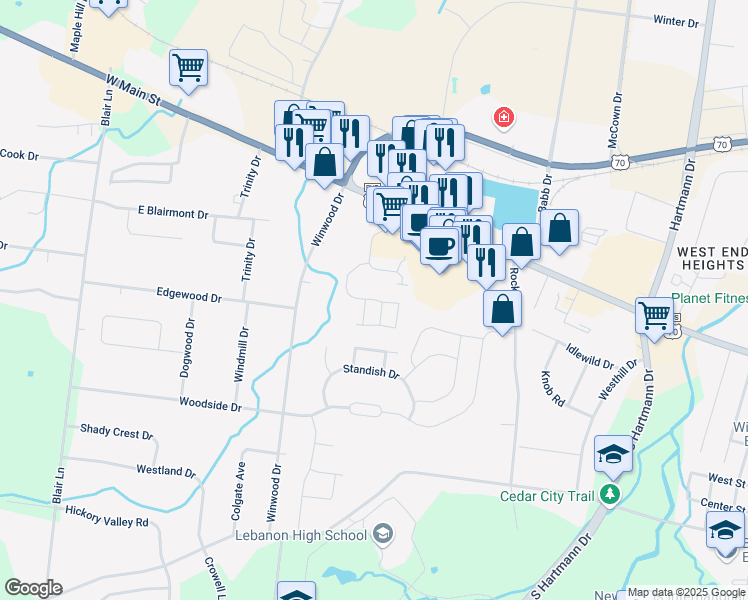 map of restaurants, bars, coffee shops, grocery stores, and more near 200 Rollingwood Drive in Lebanon