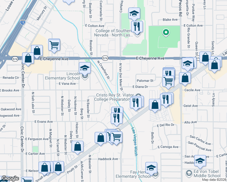 map of restaurants, bars, coffee shops, grocery stores, and more near 3009 North Crawford Street in North Las Vegas