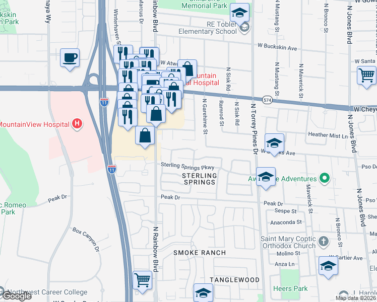 map of restaurants, bars, coffee shops, grocery stores, and more near 6601 Gentle Winds Court in Las Vegas