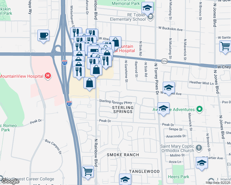 map of restaurants, bars, coffee shops, grocery stores, and more near 6601 Gentle Winds Court in Las Vegas