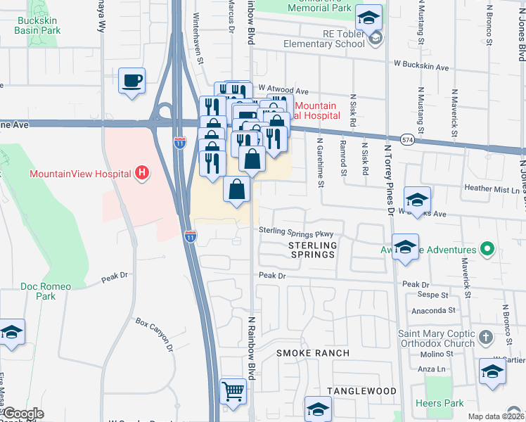 map of restaurants, bars, coffee shops, grocery stores, and more near 3001 Light Wind Court in Las Vegas
