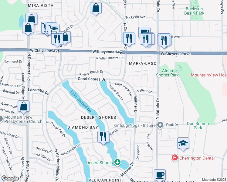 map of restaurants, bars, coffee shops, grocery stores, and more near 2945 Channel Bay Drive in Las Vegas