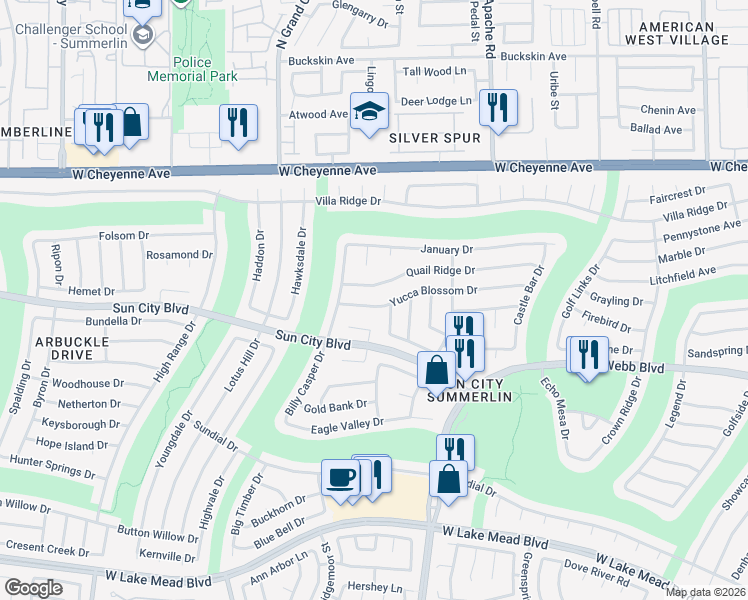 map of restaurants, bars, coffee shops, grocery stores, and more near 9504 Quail Ridge Drive in Las Vegas