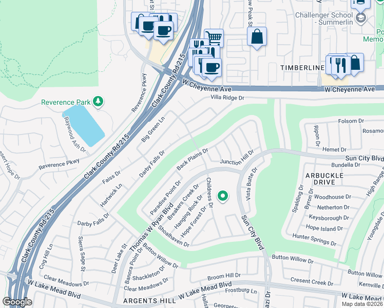 map of restaurants, bars, coffee shops, grocery stores, and more near 10500 Back Plains Drive in Las Vegas