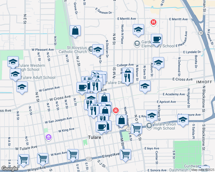 map of restaurants, bars, coffee shops, grocery stores, and more near 513 Welch Drive in Tulare