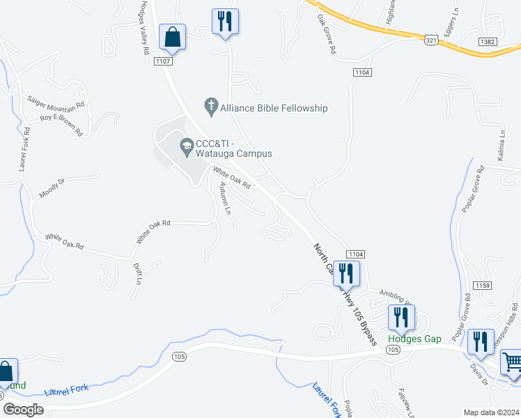 map of restaurants, bars, coffee shops, grocery stores, and more near 221 Knowles Haven Lane in Boone
