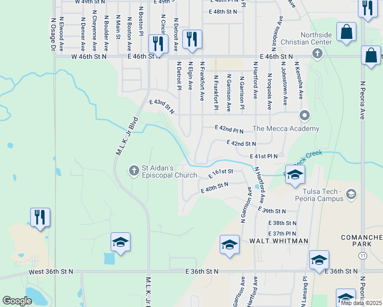 map of restaurants, bars, coffee shops, grocery stores, and more near 4118 North Frankfort Avenue in Tulsa