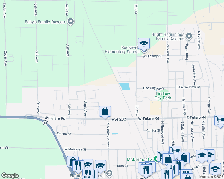 map of restaurants, bars, coffee shops, grocery stores, and more near 791 Maple Valley Way in Lindsay