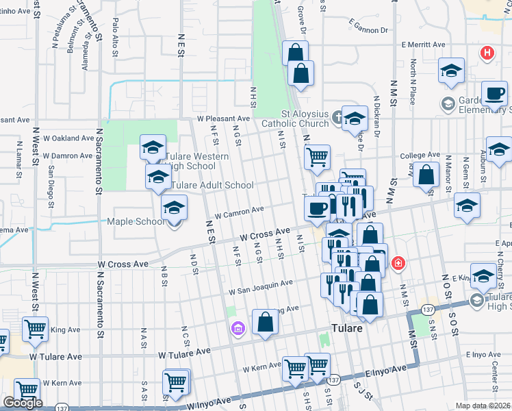 map of restaurants, bars, coffee shops, grocery stores, and more near 640 North G Street in Tulare