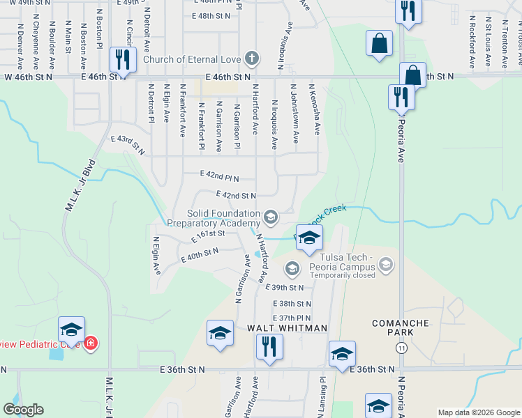 map of restaurants, bars, coffee shops, grocery stores, and more near 705 East 41st Place North in Tulsa