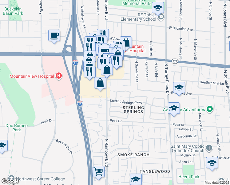 map of restaurants, bars, coffee shops, grocery stores, and more near 3000 Quiet Breeze Court in Las Vegas