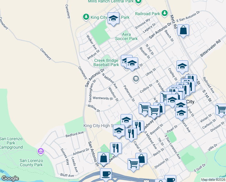 map of restaurants, bars, coffee shops, grocery stores, and more near 514 North Mildred Avenue in King City