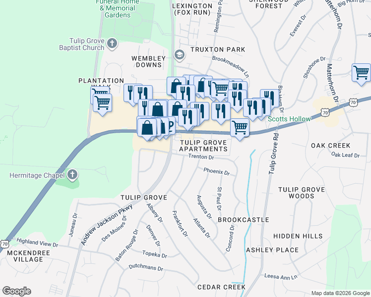 map of restaurants, bars, coffee shops, grocery stores, and more near 4613 Lebanon Pike in Nashville