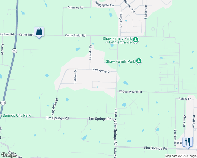 map of restaurants, bars, coffee shops, grocery stores, and more near 909 King Arthur Drive in Springdale
