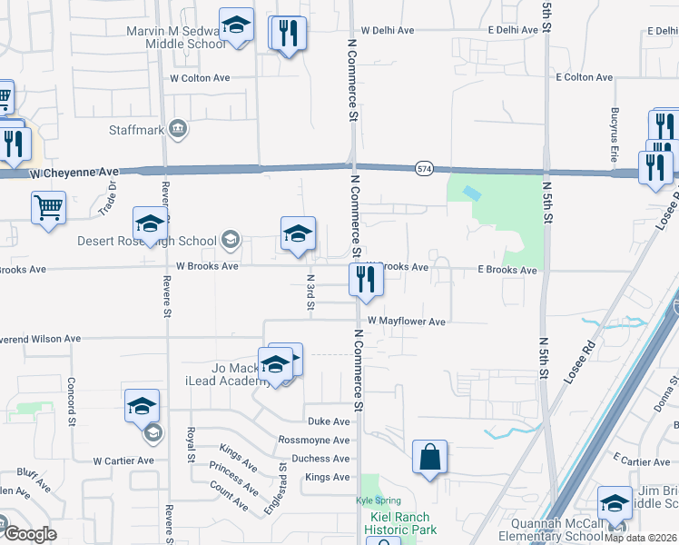 map of restaurants, bars, coffee shops, grocery stores, and more near 2 East Brooks Avenue in North Las Vegas