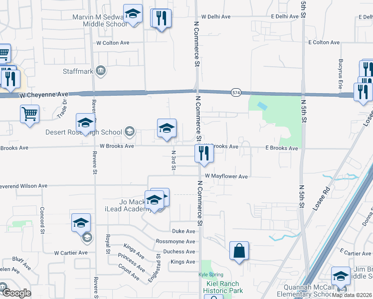 map of restaurants, bars, coffee shops, grocery stores, and more near 2 West Brooks Avenue in North Las Vegas