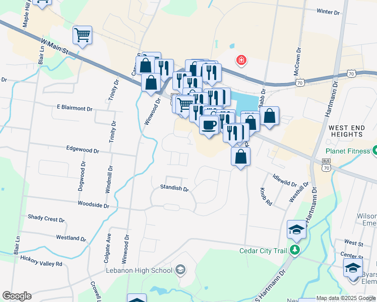 map of restaurants, bars, coffee shops, grocery stores, and more near 511 Rollingwood Drive in Lebanon