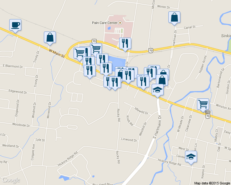 map of restaurants, bars, coffee shops, grocery stores, and more near 102 Rocky Road in Lebanon