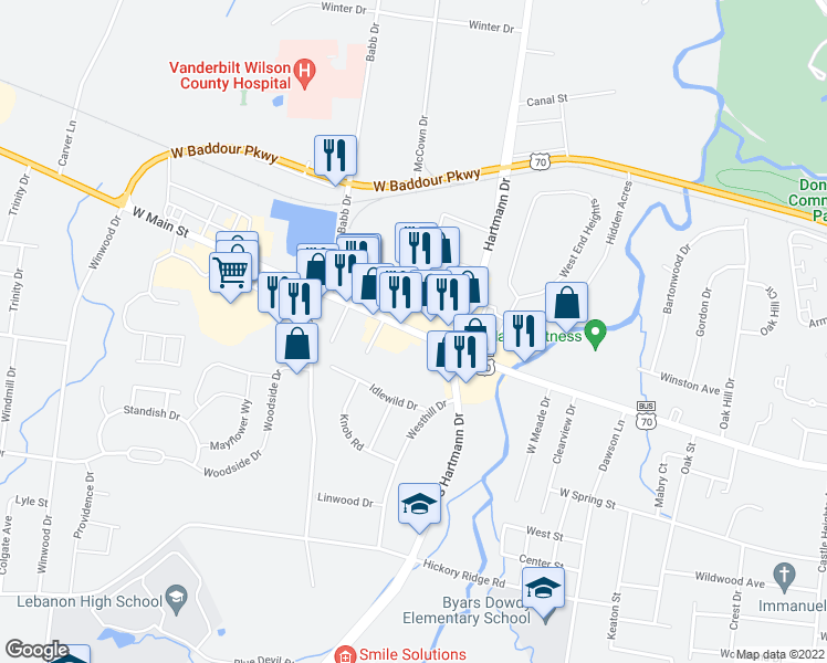 map of restaurants, bars, coffee shops, grocery stores, and more near 1309 West Main Street in Lebanon