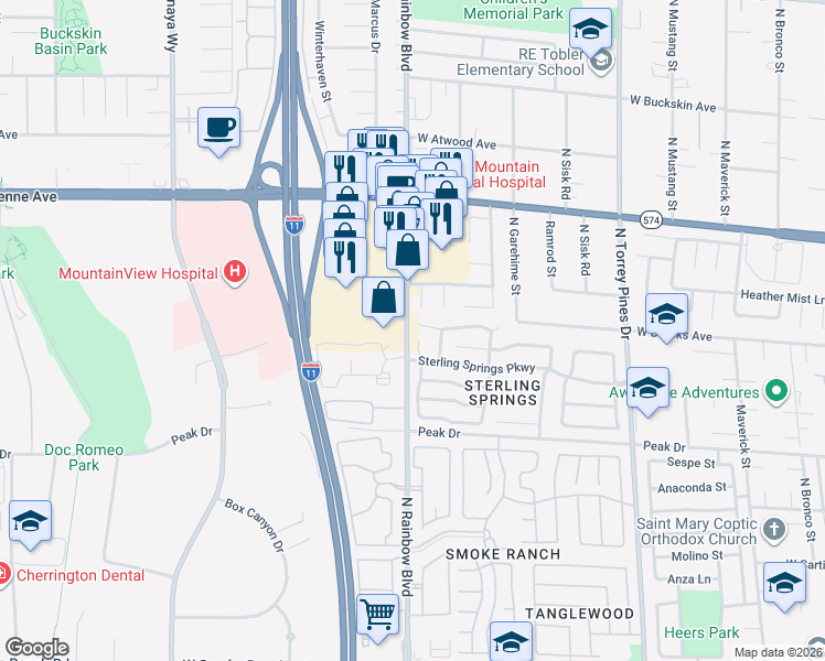 map of restaurants, bars, coffee shops, grocery stores, and more near 3001 Light Wind Court in Las Vegas