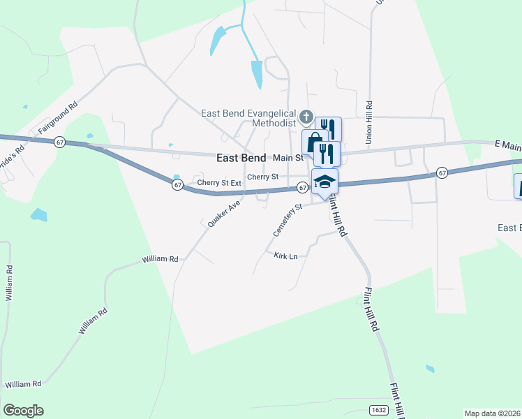 map of restaurants, bars, coffee shops, grocery stores, and more near 220 Legion Drive in East Bend