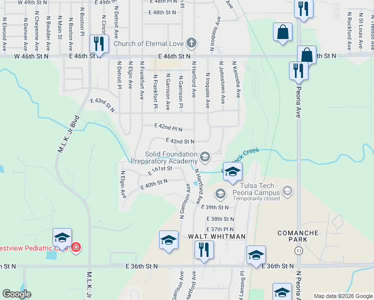 map of restaurants, bars, coffee shops, grocery stores, and more near 650 East 42nd Street North in Tulsa