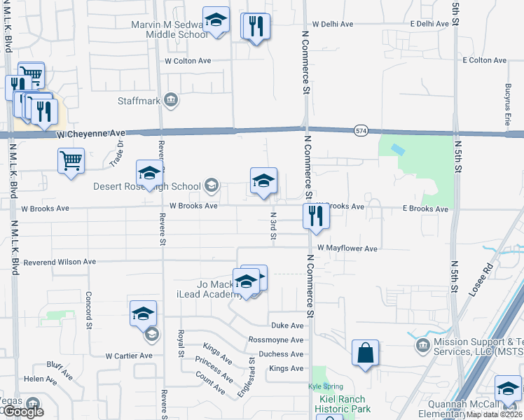 map of restaurants, bars, coffee shops, grocery stores, and more near 413 West Brooks Avenue in North Las Vegas