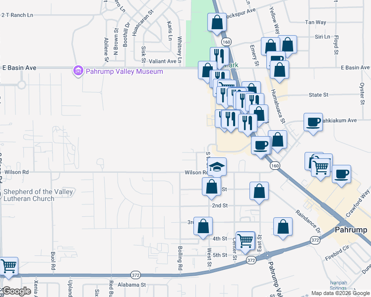 map of restaurants, bars, coffee shops, grocery stores, and more near 900 Long Street in Pahrump