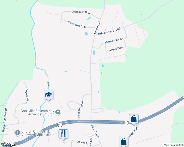 map of restaurants, bars, coffee shops, grocery stores, and more near 3473 Mirandy Road in Cookeville