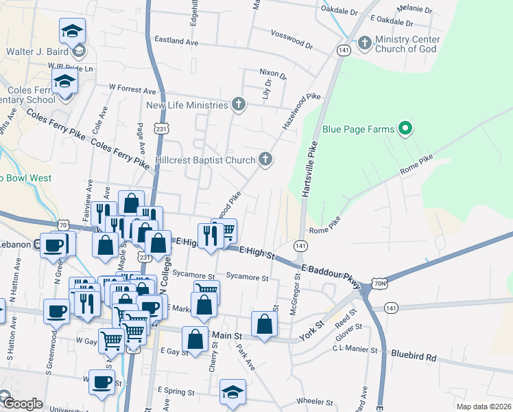 map of restaurants, bars, coffee shops, grocery stores, and more near 624 Highland Park in Lebanon