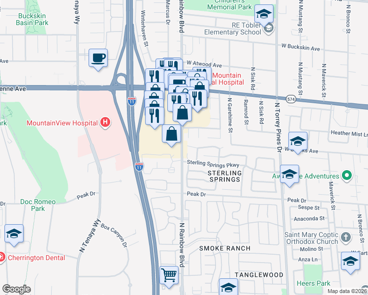 map of restaurants, bars, coffee shops, grocery stores, and more near 3001 Light Wind Court in Las Vegas