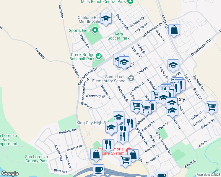 map of restaurants, bars, coffee shops, grocery stores, and more near 514 North Mildred Avenue in King City