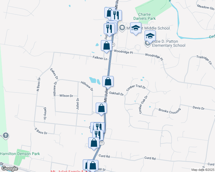 map of restaurants, bars, coffee shops, grocery stores, and more near 3125 North Mount Juliet Road in Mt. Juliet