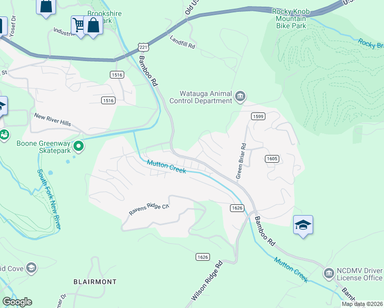 map of restaurants, bars, coffee shops, grocery stores, and more near 5416 Bamboo Road in Boone