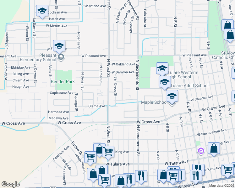 map of restaurants, bars, coffee shops, grocery stores, and more near 660 San Diego Street in Tulare