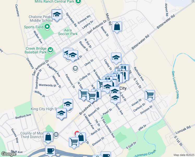 map of restaurants, bars, coffee shops, grocery stores, and more near 404 Ellis Street in King City