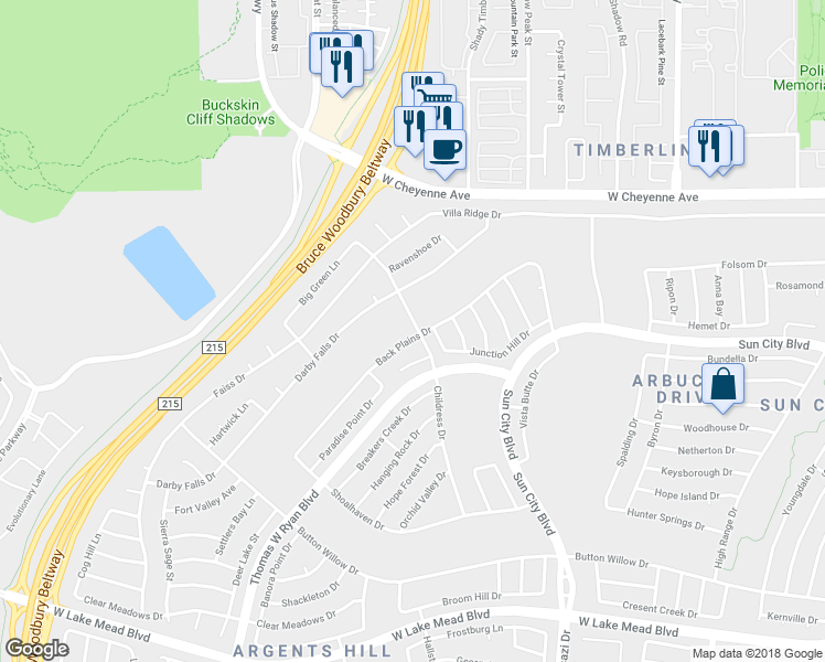 map of restaurants, bars, coffee shops, grocery stores, and more near 10500 Back Plains Drive in Las Vegas