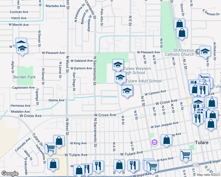 map of restaurants, bars, coffee shops, grocery stores, and more near 917 West Maple Avenue in Tulare